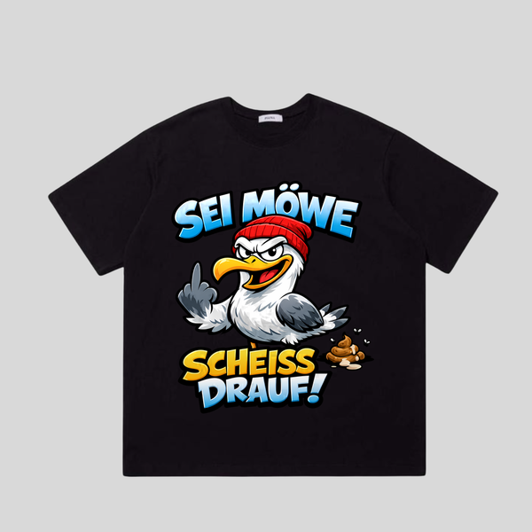 Schwarzes T-Shirt mit Spruch „Sei Möwe – Scheiß drauf!“