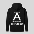 Schwarzer Hoodie mit Rückenprint „Ich kaufe ein A und möchte lösen: Hält's Maul!“