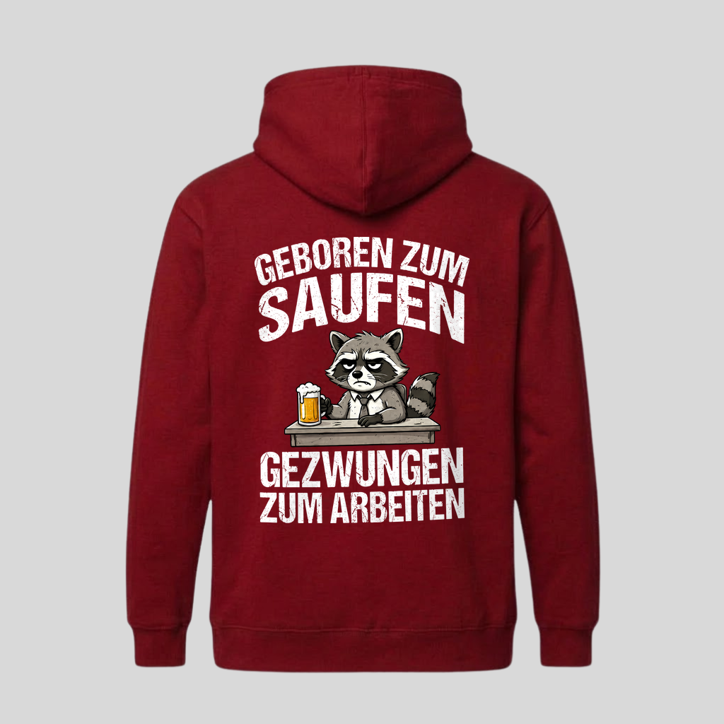 Roter Hoodie mit Spruch „Geboren zum Saufen“