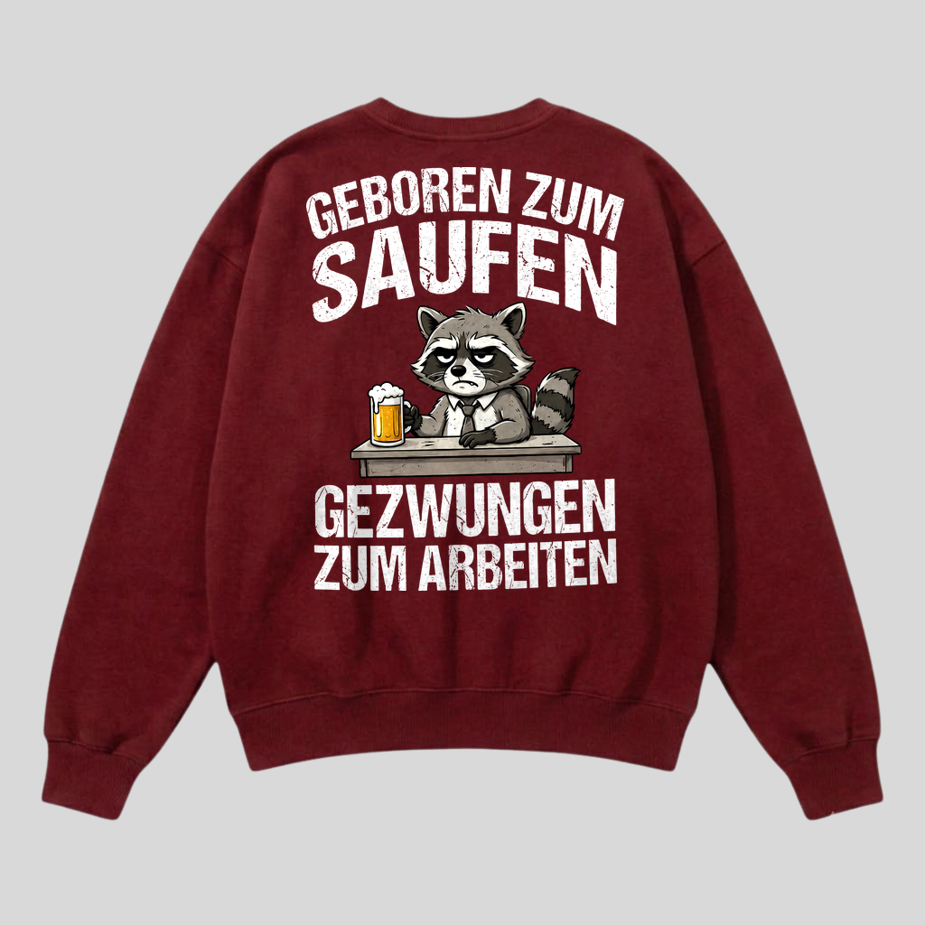 Roter Pullover mit Spruch „Geboren zum Saufen“