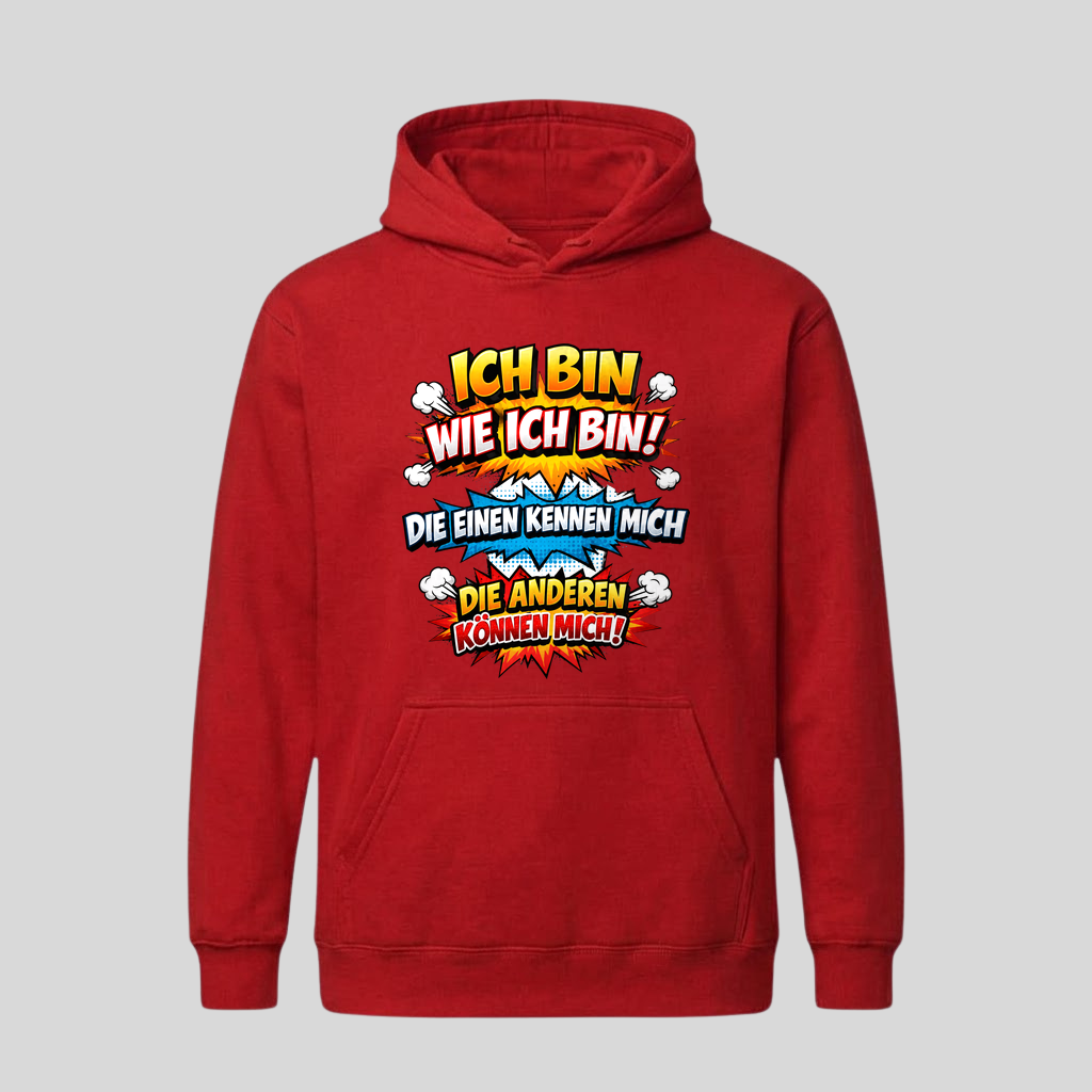 Roter Hoodie mit Spruch „Ich bin wie ich bin!“