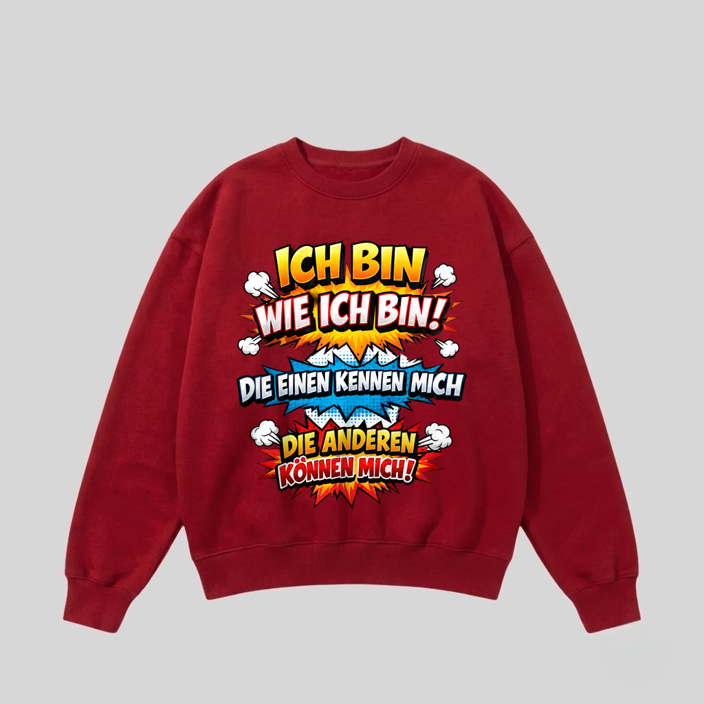 Roter Pullover mit Spruch „Ich bin wie ich bin!“