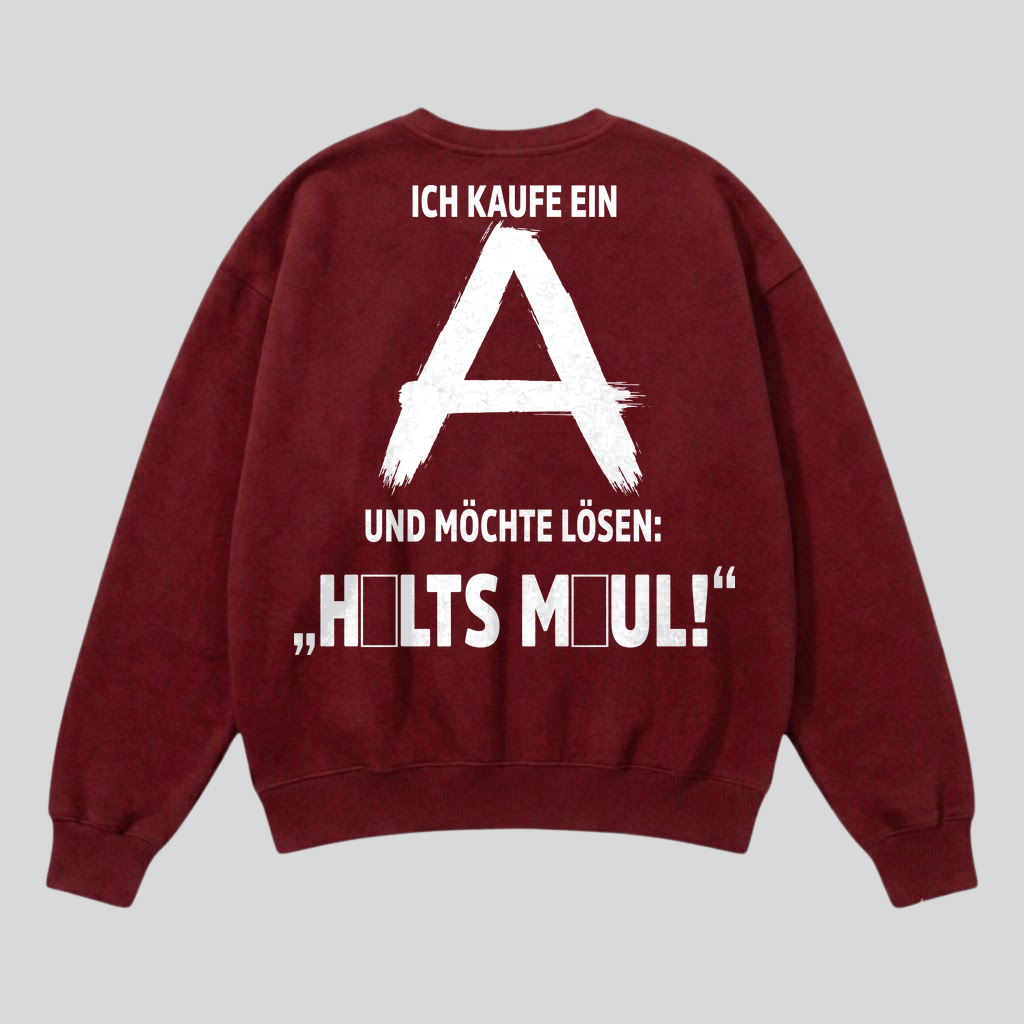 Roter Pullover mit Spruch „Ich kaufe ein A“