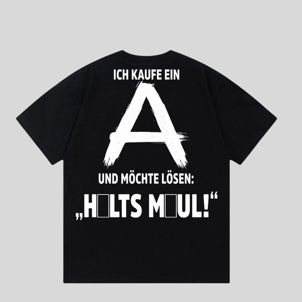 Schwarzes T-Shirt mit Spruch „Ich kaufe ein A“