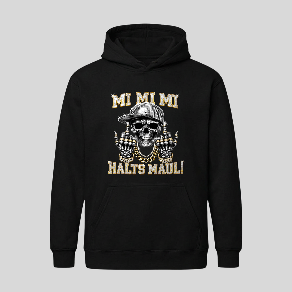 Schwarzer Hoodie mit Spruch „Mi Mi Mi – Halts Maul!“