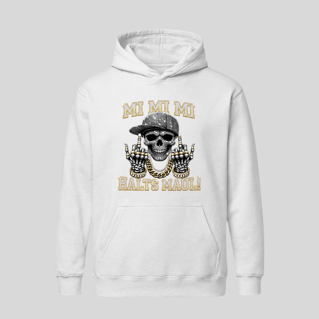 Weißer Hoodie mit Spruch „Mi Mi Mi – Halts Maul!“
