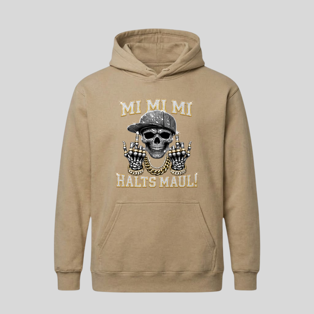Beiger Hoodie mit Spruch „Mi Mi Mi – Halts Maul!“