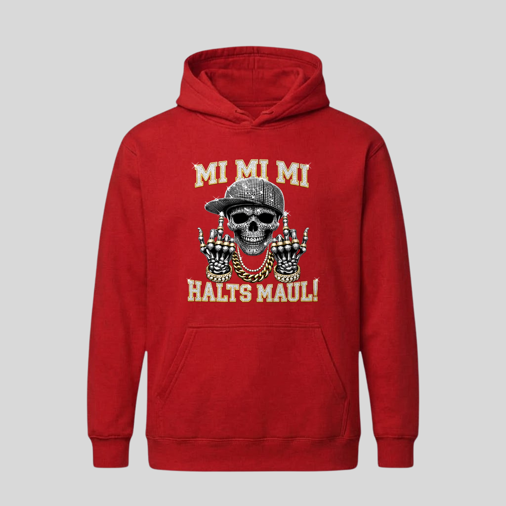 Roter Hoodie mit Spruch „Mi Mi Mi – Halts Maul!“