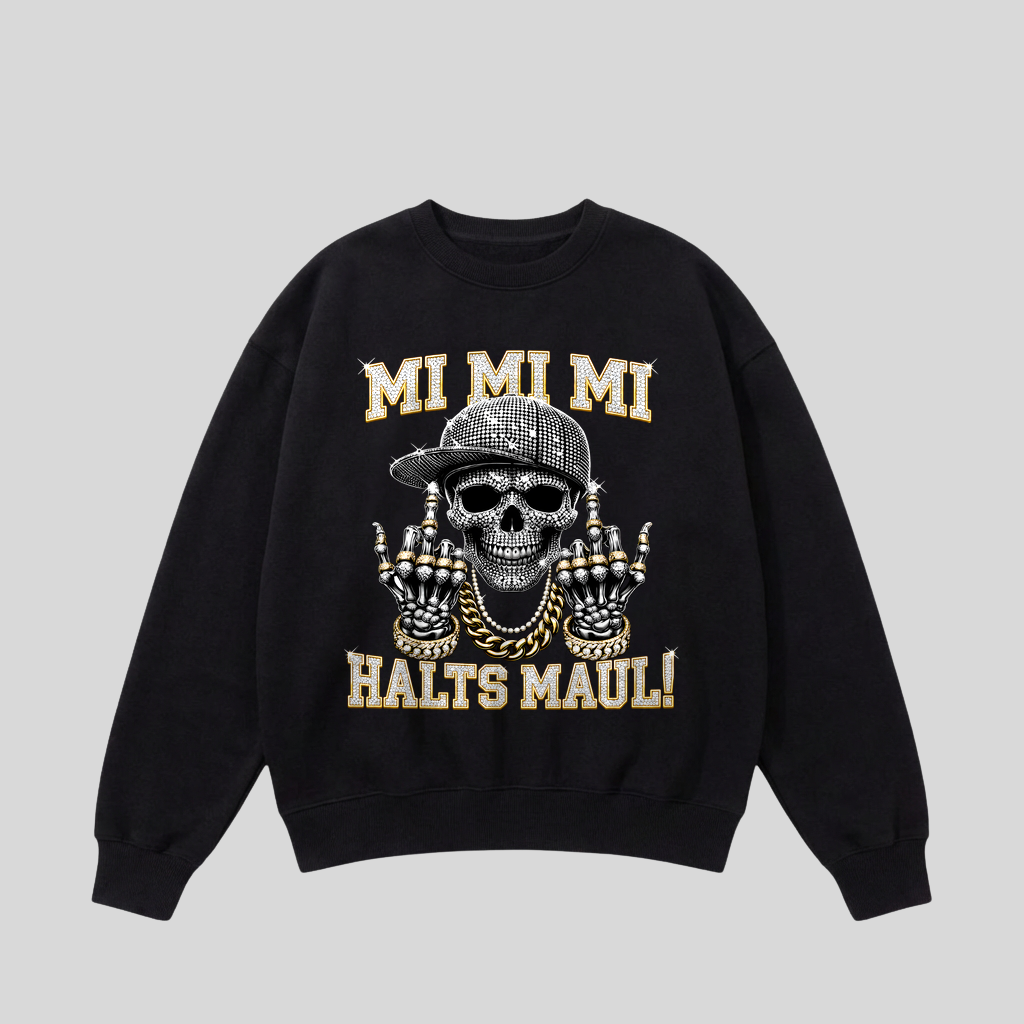 Schwarzer Pullover mit Spruch „Mi Mi Mi – Halts Maul!“