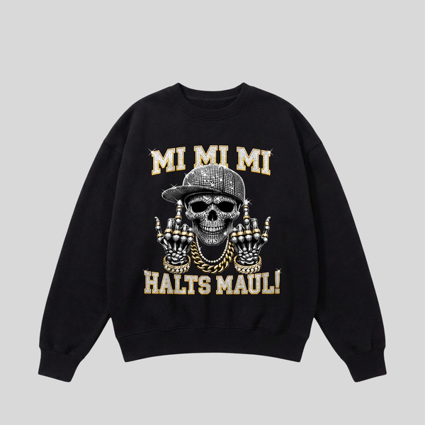 Schwarzer Pullover mit Spruch „Mi Mi Mi – Halts Maul!“