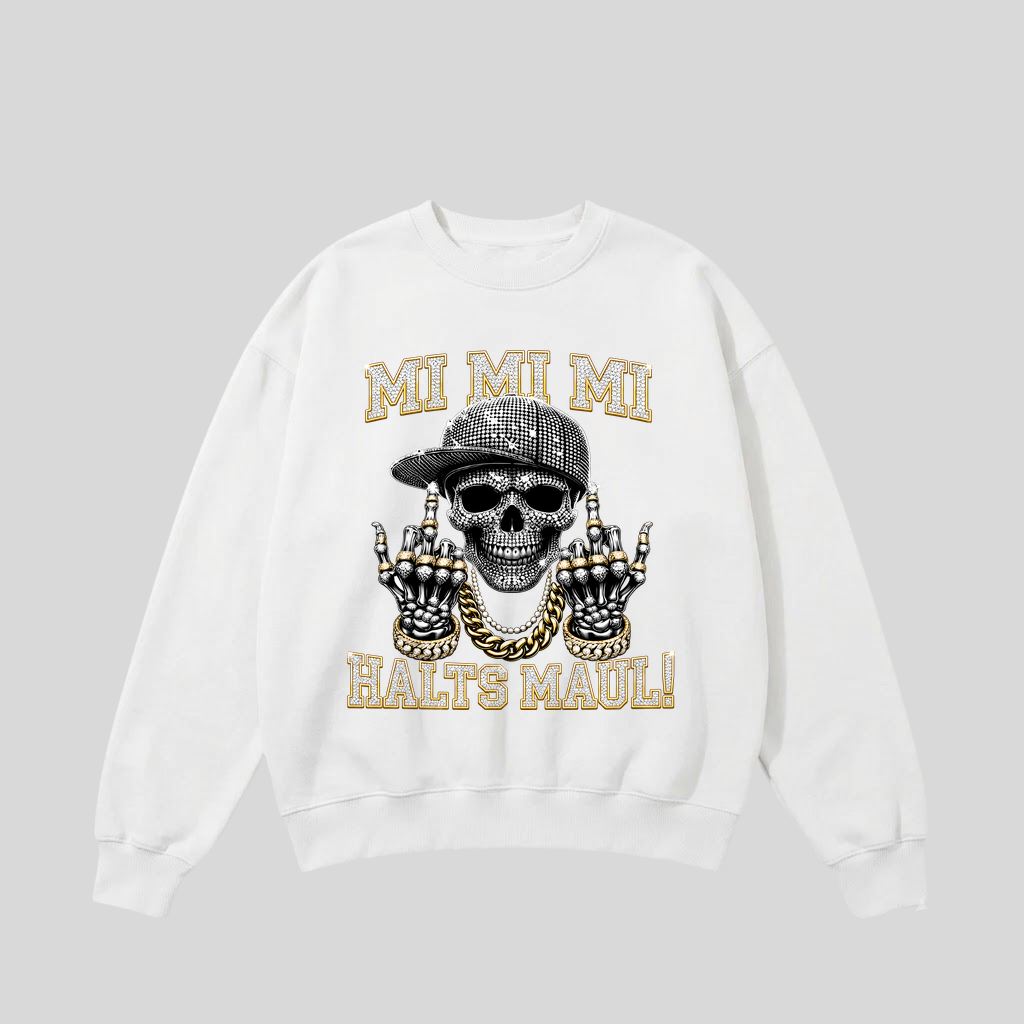 Weißer Pullover mit Spruch „Mi Mi Mi – Halts Maul!“
