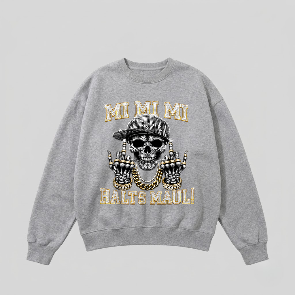Grauer Pullover mit Spruch „Mi Mi Mi – Halts Maul!“