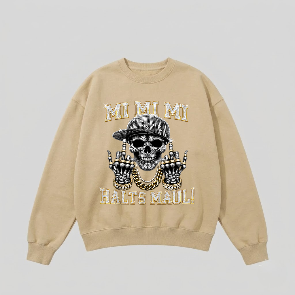 Beiger Pullover mit Spruch „Mi Mi Mi – Halts Maul!“