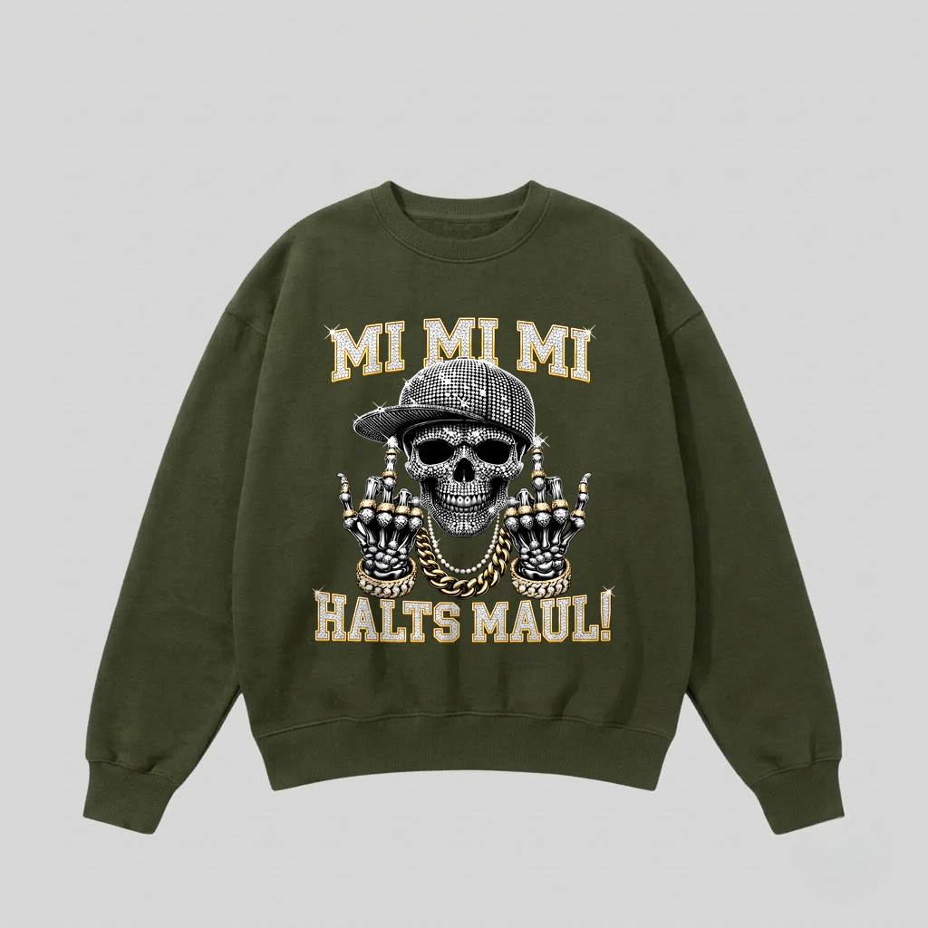Grüner Pullover mit Spruch „Mi Mi Mi – Halts Maul!“