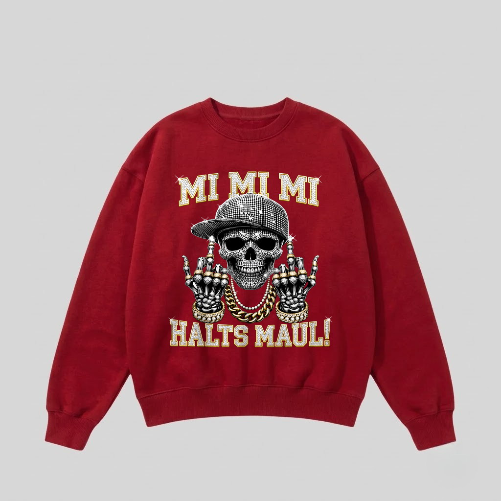 Roter Pullover mit Spruch „Mi Mi Mi – Halts Maul!“