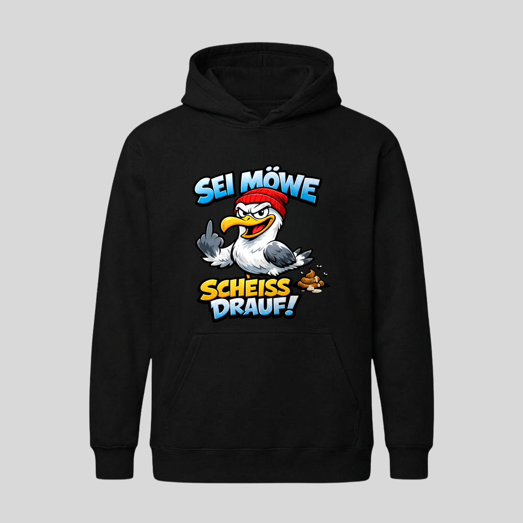 Schwarzer Hoodie mit Spruch „Sei Möwe – Scheiß drauf!“