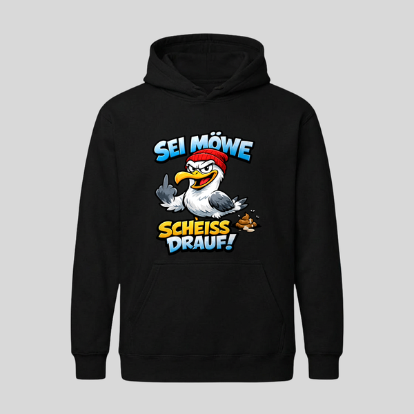 Schwarzer Hoodie mit Spruch „Sei Möwe – Scheiß drauf!“