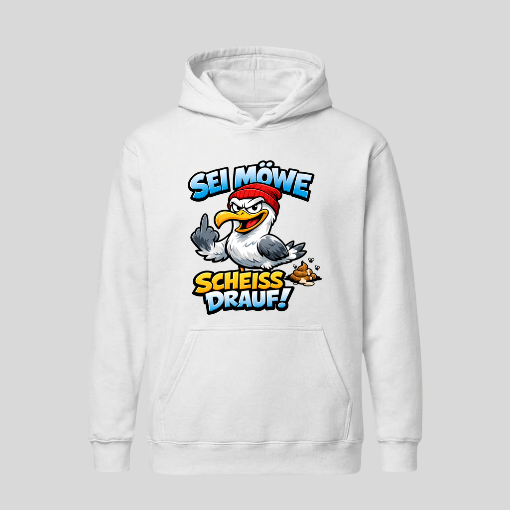 Weißer Hoodie mit Spruch „Sei Möwe – Scheiß drauf!“