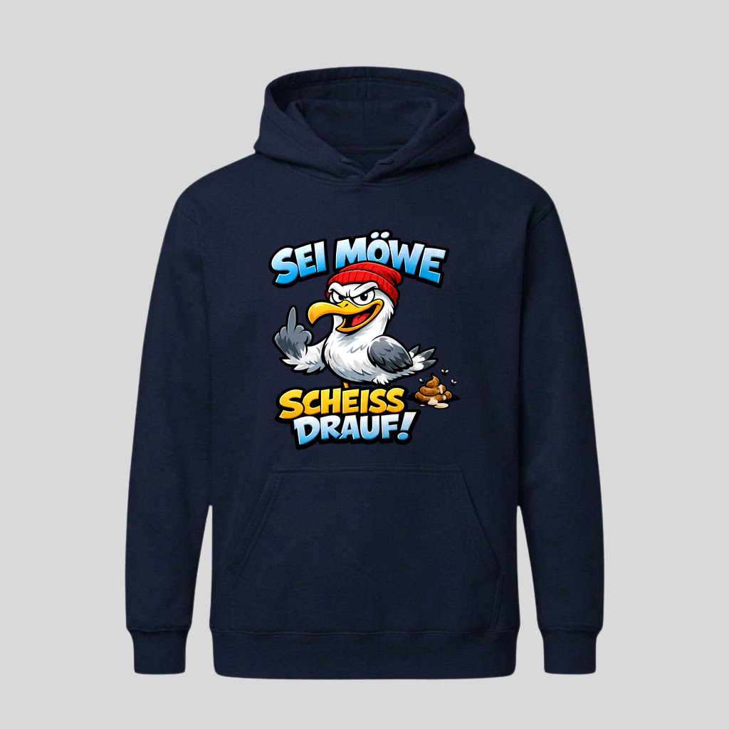 Navyblauer Hoodie mit Spruch „Sei Möwe – Scheiß drauf!“