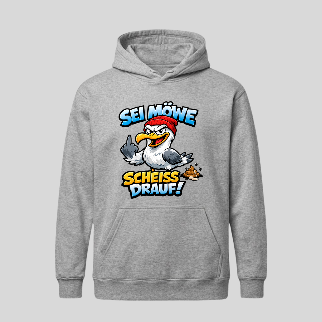 Grauer Hoodie mit Spruch „Sei Möwe – Scheiß drauf!“
