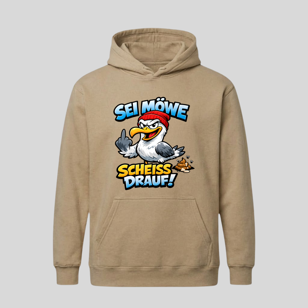 Beiger Hoodie mit Spruch „Sei Möwe – Scheiß drauf!“