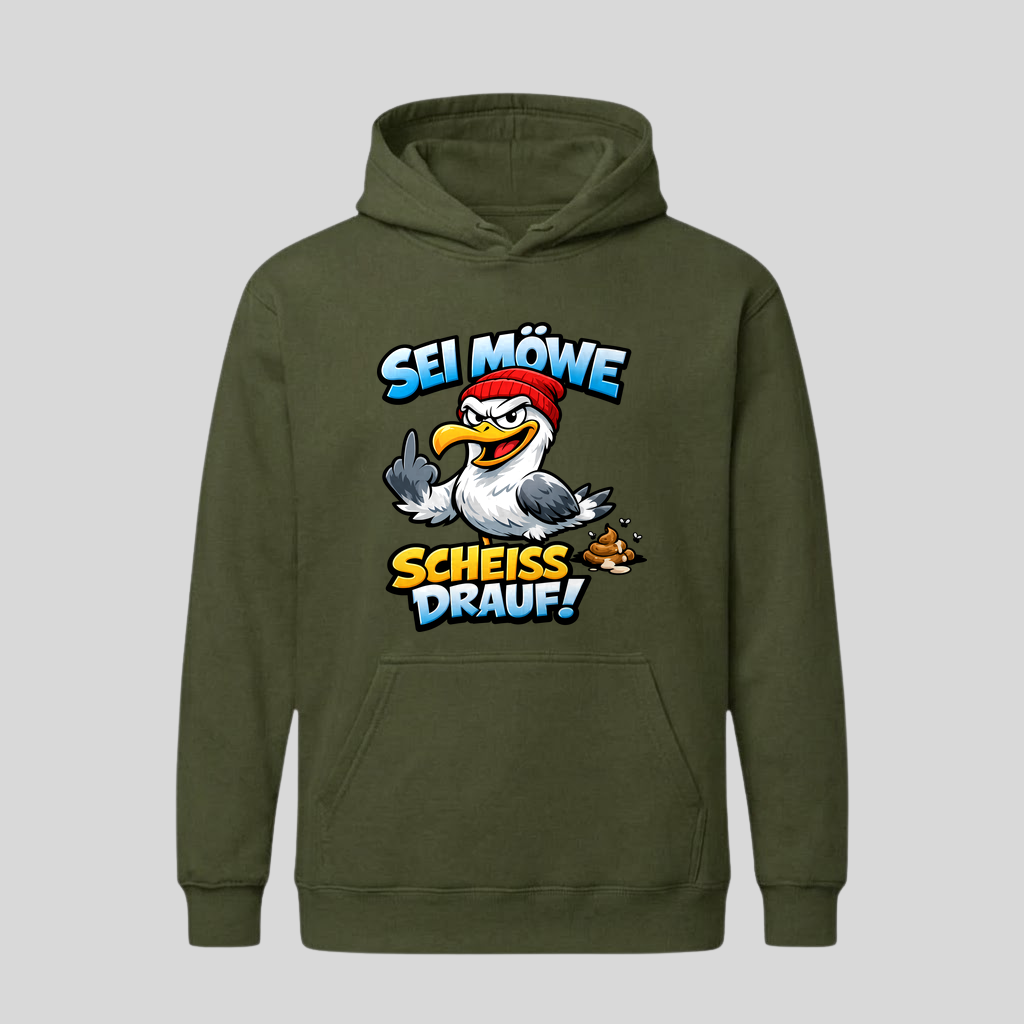 Grüner Hoodie mit Spruch „Sei Möwe – Scheiß drauf!“