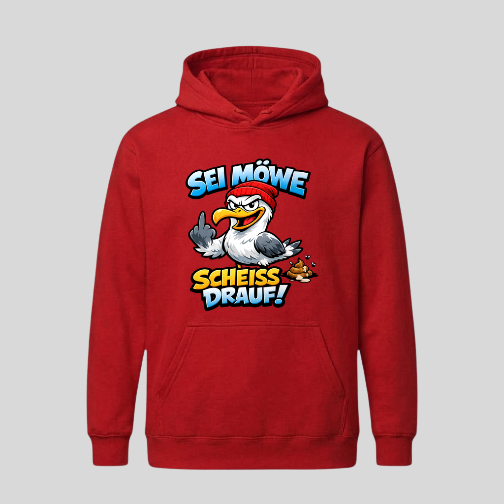 Roter Hoodie mit Spruch „Sei Möwe – Scheiß drauf!“