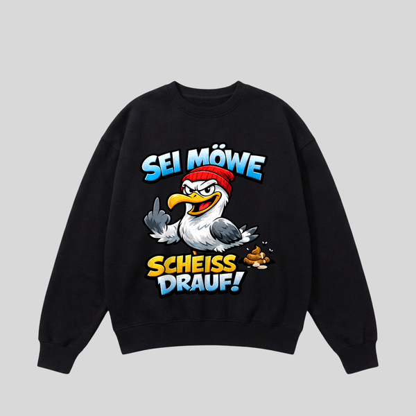 Schwarzer Pullover mit Spruch „Sei Möwe – Scheiß drauf!“