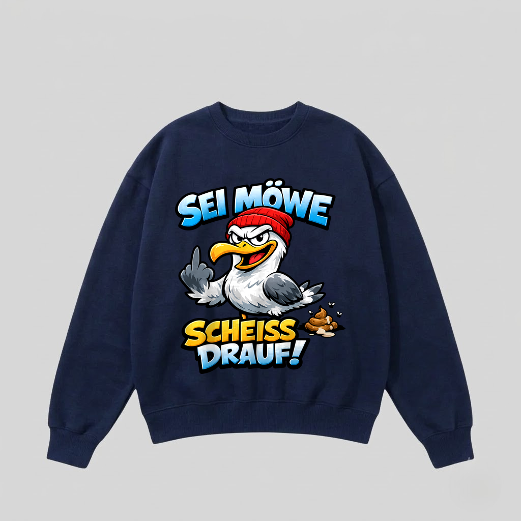 Navyblauer Pullover mit Spruch „Sei Möwe – Scheiß drauf!“