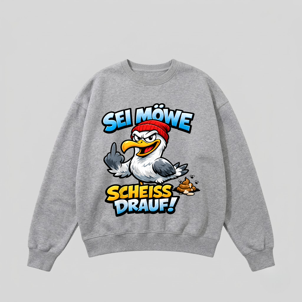 Grauer Pullover mit Spruch „Sei Möwe – Scheiß drauf!“