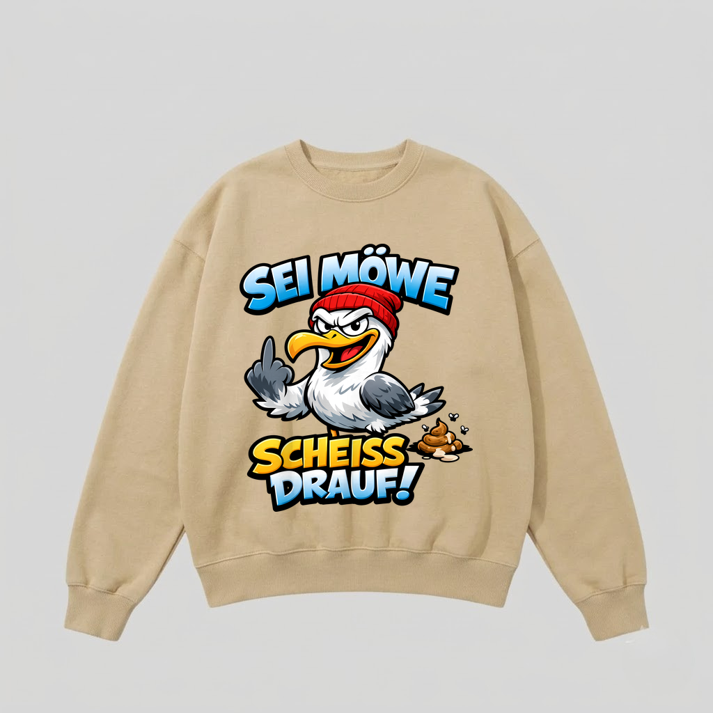 Beiger Pullover mit Spruch „Sei Möwe – Scheiß drauf!“