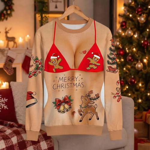 Beige ugly Christmas sweater with a funny bikini body print and gingerbread men