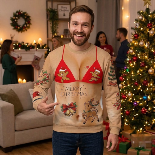Beige ugly Christmas sweater with a funny bikini body print and gingerbread men – view 2