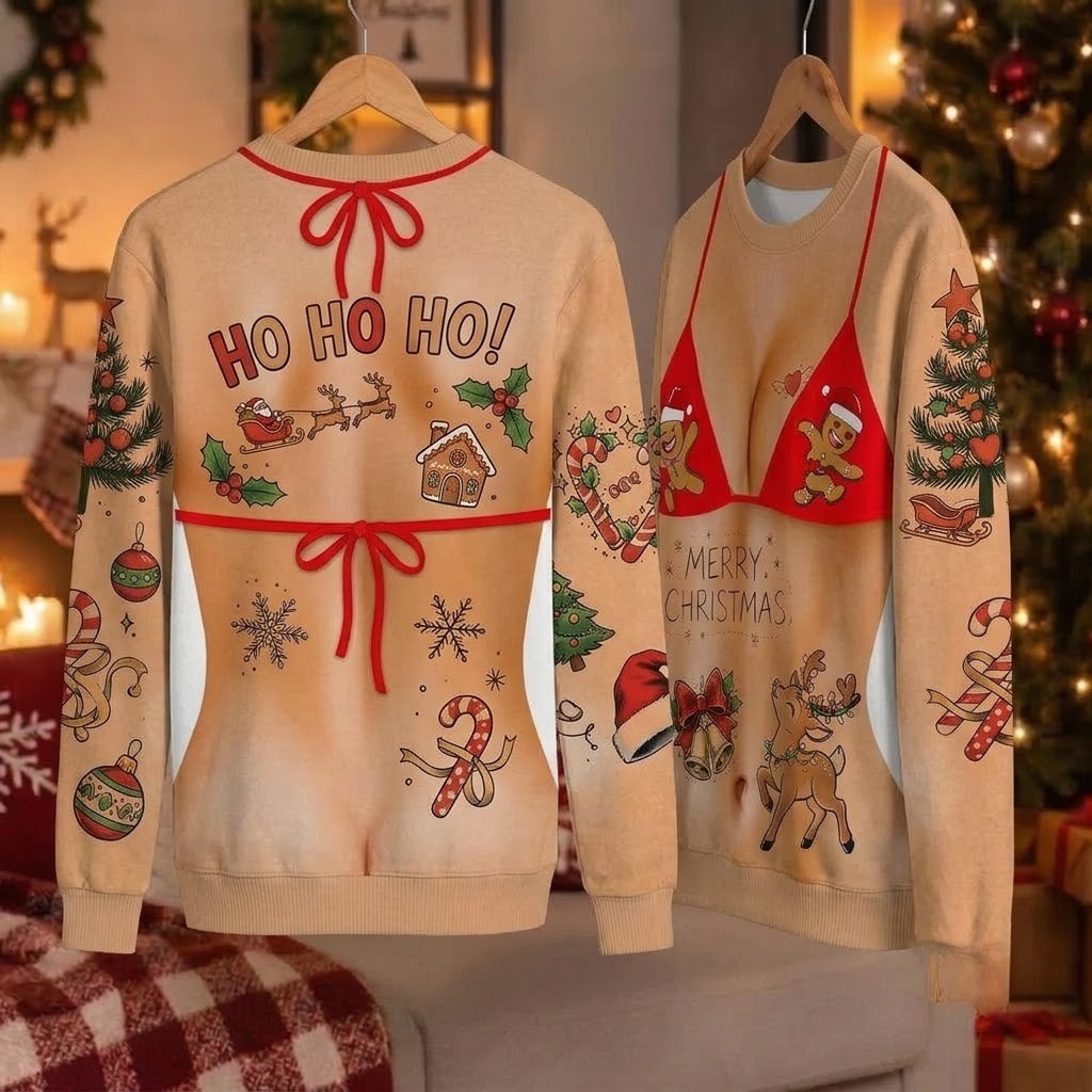 Beige ugly Christmas sweater with a funny bikini body print and gingerbread men – view 3