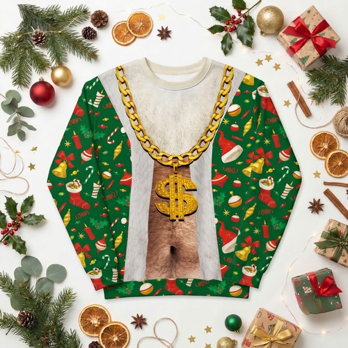 Green ugly Christmas sweater with a hairy chest print and a gold dollar chain