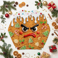 Orange ugly Christmas sweater with a grumpy gingerbread cookie face and dripping icing