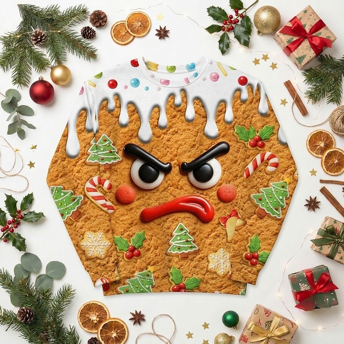 Orange ugly Christmas sweater with a grumpy gingerbread cookie face and dripping icing