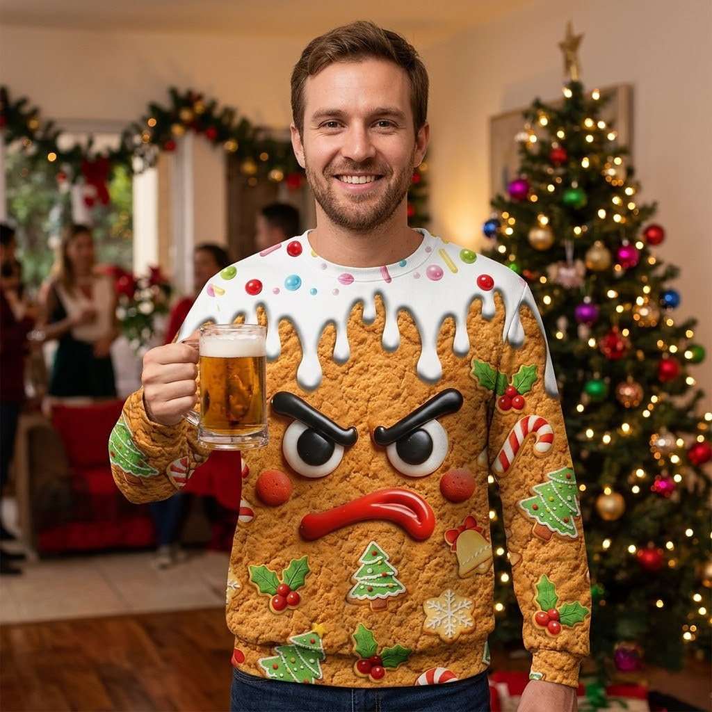 Orange ugly Christmas sweater with a grumpy gingerbread cookie face and dripping icing – view 2