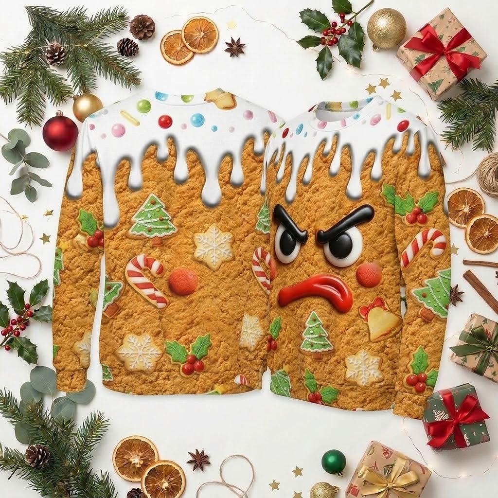 Orange ugly Christmas sweater with a grumpy gingerbread cookie face and dripping icing – view 3