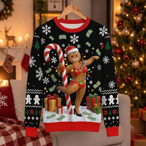 Black ugly Christmas sweater with a sassy gingerbread girl on a candy cane