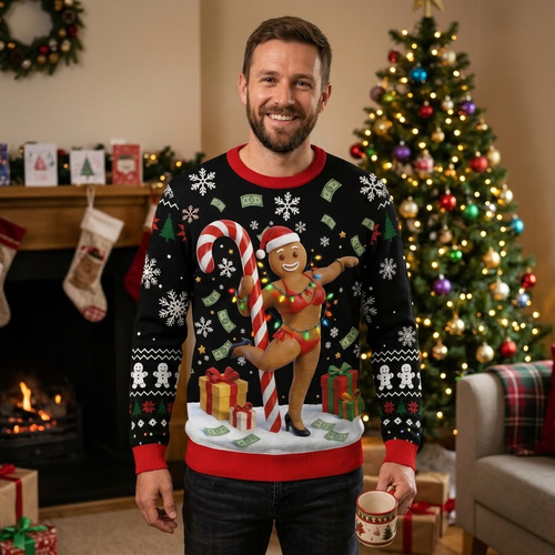 Black ugly Christmas sweater with a sassy gingerbread girl on a candy cane – view 2