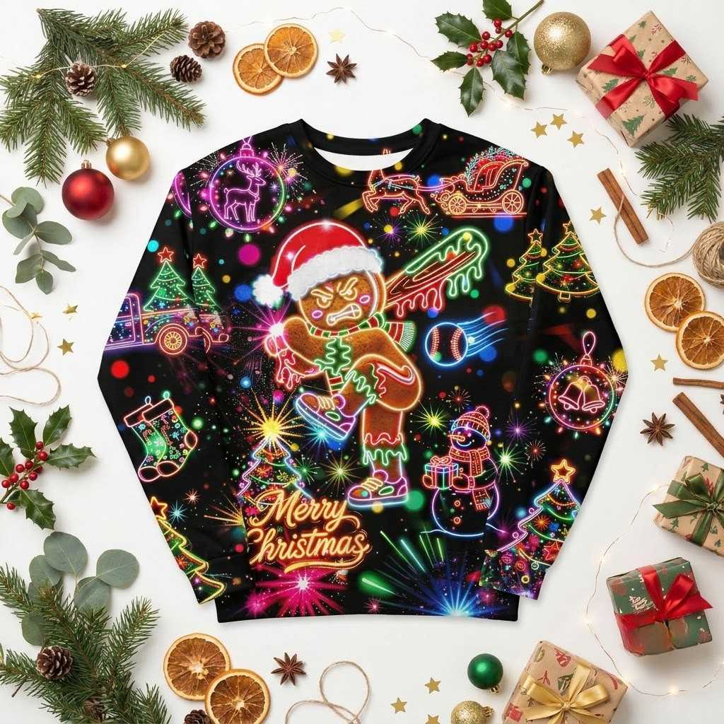 Black ugly Christmas sweater with a neon gingerbread man swinging a baseball bat