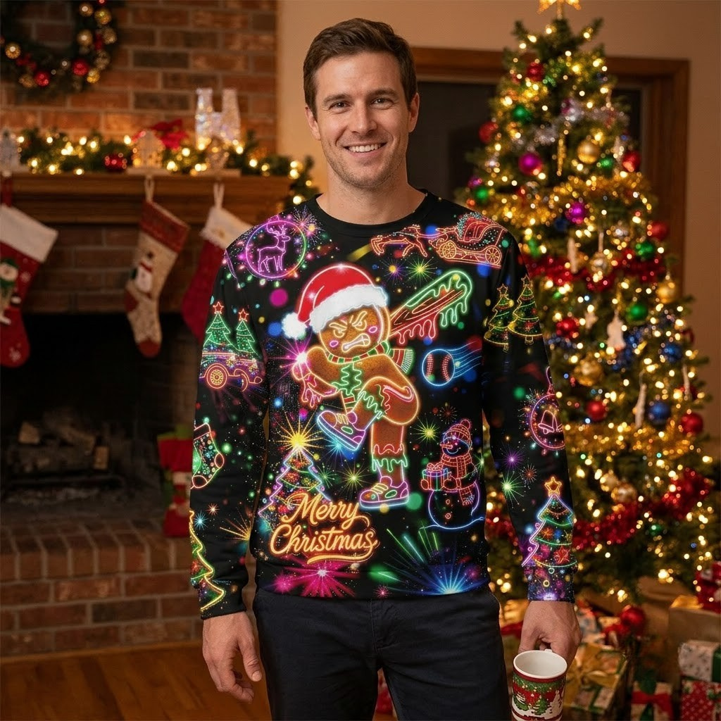 Black ugly Christmas sweater with a neon gingerbread man swinging a baseball bat – view 2