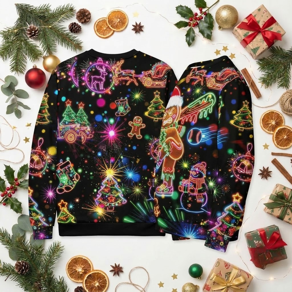 Black ugly Christmas sweater with a neon gingerbread man swinging a baseball bat – view 3