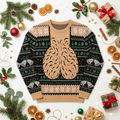 Black ugly Christmas sweater with a cheeky hairy chest and suspenders design