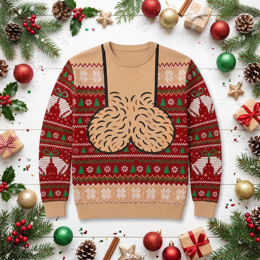 Red ugly Christmas sweater with a cheeky hairy chest and suspenders design