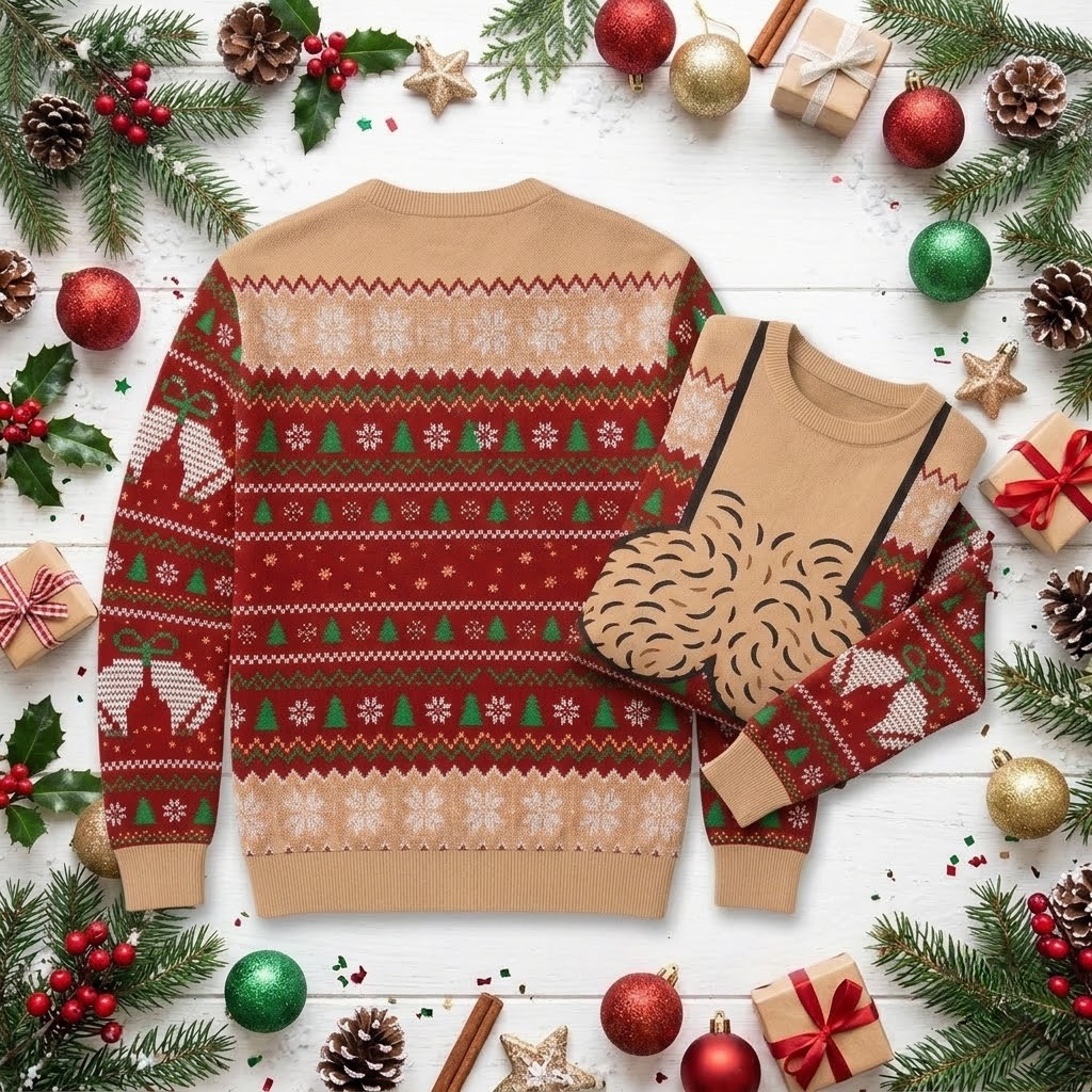 Red ugly Christmas sweater with a cheeky hairy chest and suspenders design – view 2